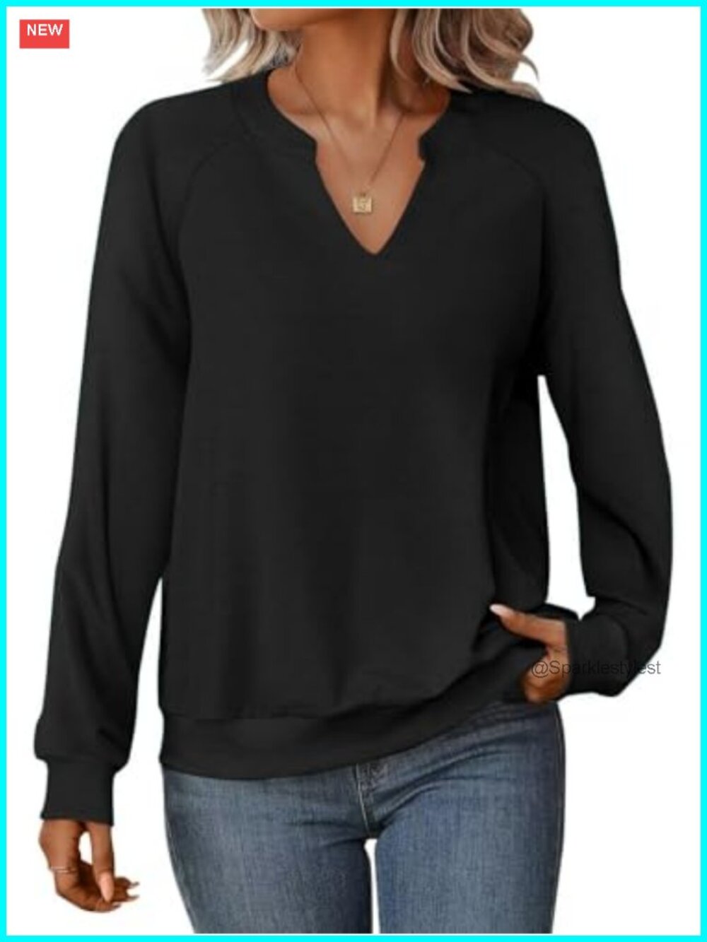 Womens V Neck Long Sleeve Sweatshirt Lightweight Loose Fit Casual Pullover Top